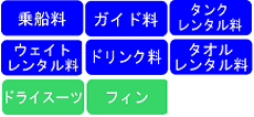 ガイド料、タンクレンタル料、ウェイトレンタル料、ドリンク料、タオルレンタル料