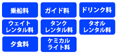 乗船料、ガイド料、タンクレンタル料、ウェイトレンタル料、ドリンク料、タオルレンタル料