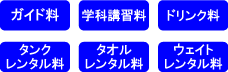 ガイド料、学科講習費、タンクレンタル料、ウェイトレンタル料、ドリンク料、タオルレンタル料