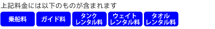 含まれるもの：乗船料、ガイド料、タンクレンタル料、ウェイトレンタル料、タオルレンタル料